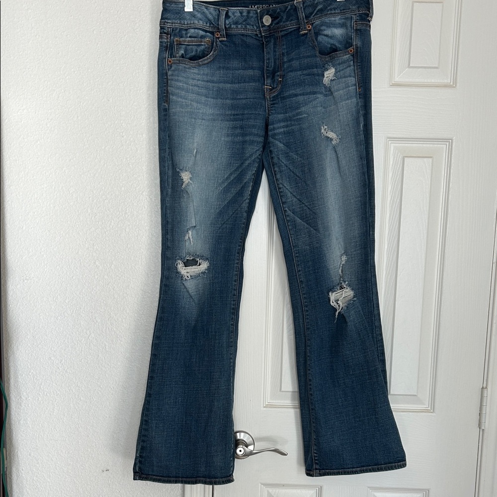American Eagle Outfitters Women’s Distressed Blue Flare Jeans